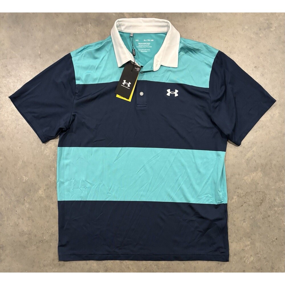 NWT Under Armour Men's XL The Playoff Polo Stripes Blue Loose Golf Shirt UPF40